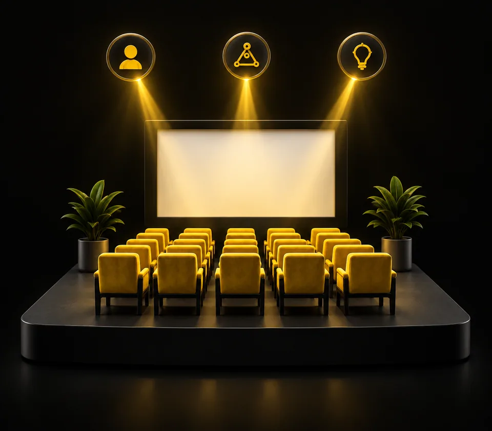 Polished miniature auditorium with yellow seats and three spotlights representing beliefs about self, situation, and solution.